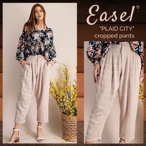 EASEL "Plaid City" Cropped Pants W/Pinch Pleat Details Cuffed Raw Hem & Pockets